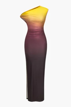Ombre Print One Shoulder Asymmetrical Maxi Dress