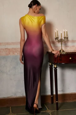 Ombre Print One Shoulder Asymmetrical Maxi Dress