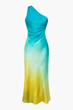 Ombre Print Satin Asymmetrical Maxi Dress