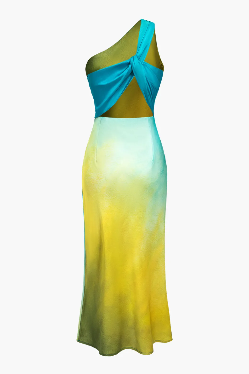 Ombre Print Satin Asymmetrical Maxi Dress