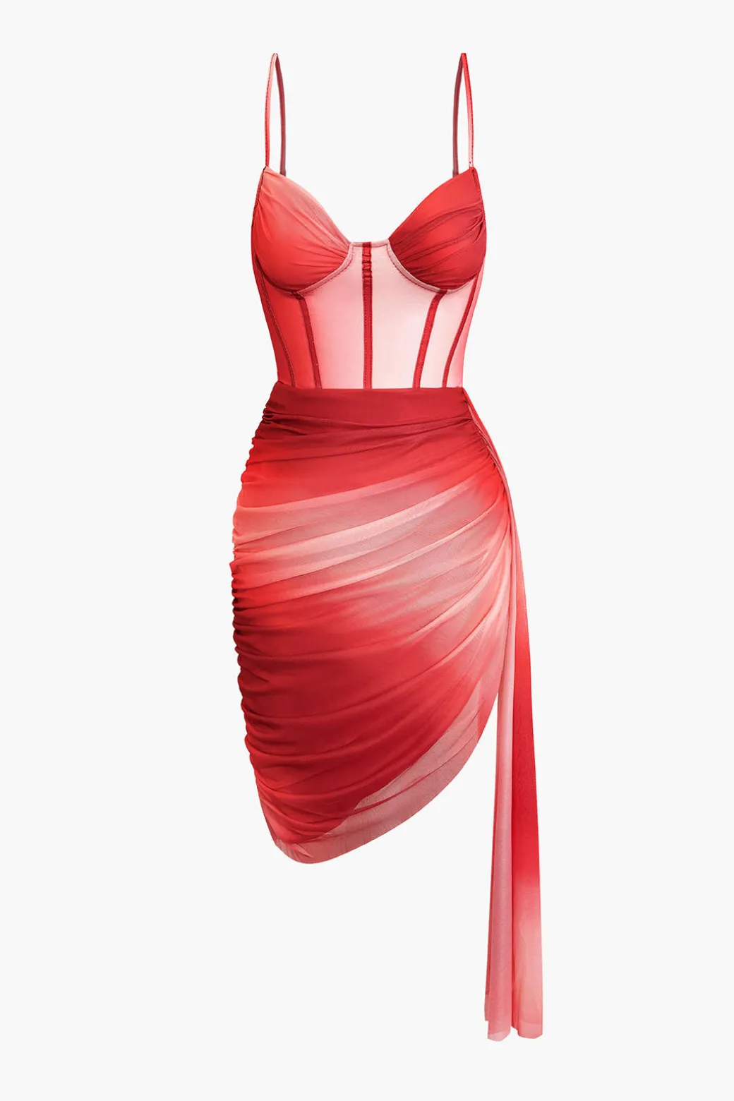 Ombre Ruched Mesh Bustier Slip Mini Dress