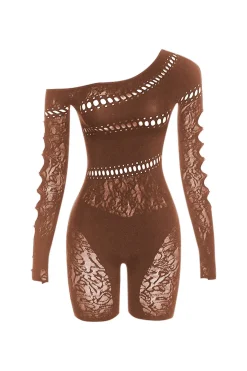 One Shoulder Cut Out Lace Romper