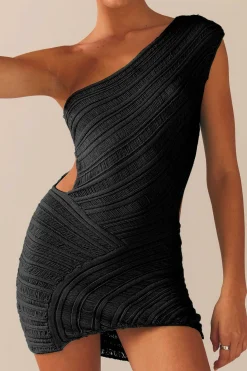 One Shoulder Cut Out Stripe Pattern Knit Mini Dress