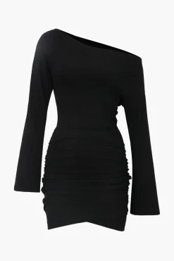 One Shoulder Flared Sleeve Ruched Wrap Mini Dress