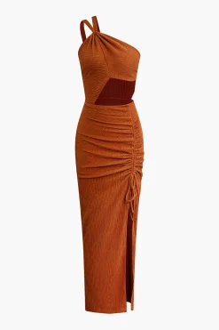 One-Shoulder Ruched Cutout Slit Maxi Dress