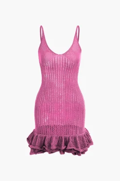 Open Knit Ruffle Hem Cami Mini Dress