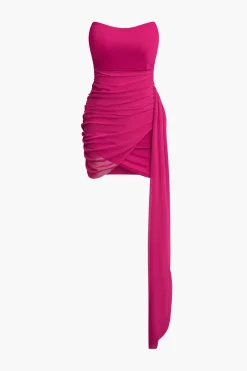 Overlay Ruched Drape Strapless Mini Dress