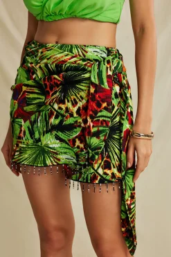 Palm Leaf Print Fringe Knot Mini Skirt