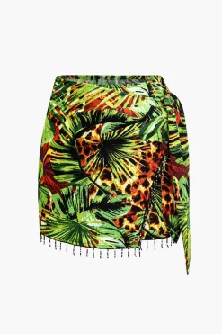 Palm Leaf Print Fringe Knot Mini Skirt