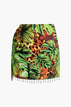 Palm Leaf Print Fringe Knot Mini Skirt