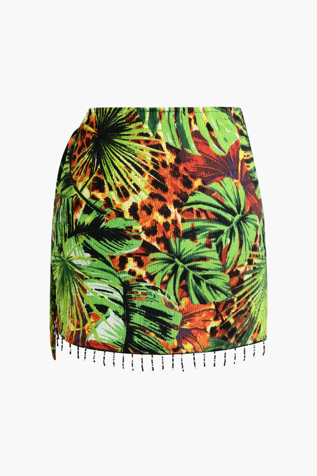 Palm Leaf Print Fringe Knot Mini Skirt