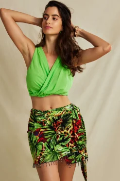 Palm Leaf Print Fringe Knot Mini Skirt