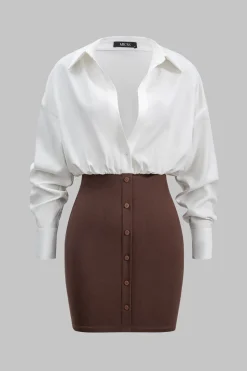 Patchwork Button Detail Long Sleeve Mini Dress