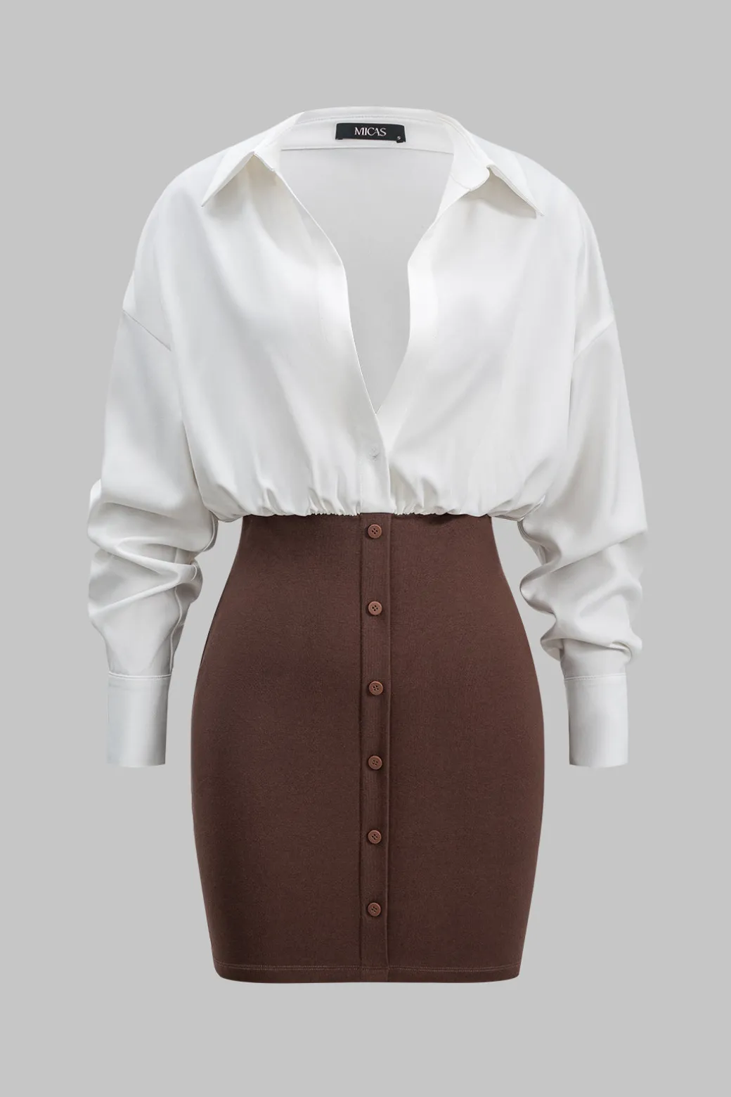 Patchwork Button Detail Long Sleeve Mini Dress