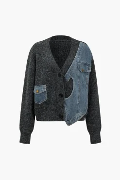 Patchwork Denim Knit Color Block Button Asymmetrical Pocket Cardigan