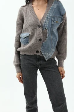Patchwork Denim Knit Color Block Button Asymmetrical Pocket Cardigan