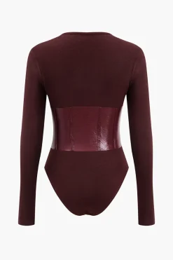 Patchwork Faux Leather Long Sleeve Bodysuit