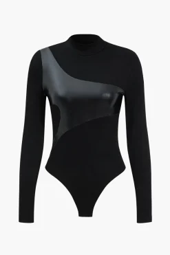 Patchwork Faux Leather Long Sleeve Bodysuit