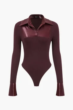 Patchwork Long Sleeve Faux Leather Bodysuit