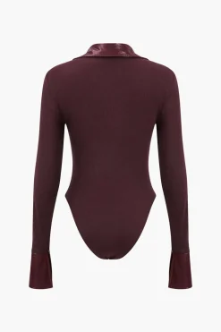 Patchwork Long Sleeve Faux Leather Bodysuit