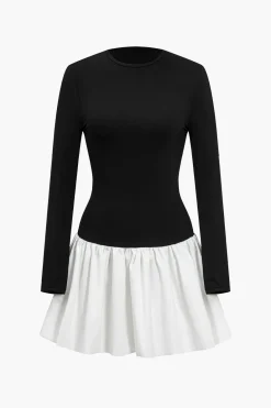Patchwork Long-Sleeve Mini Dress