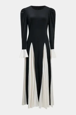 Patchwork Pleated Long Sleeve Maxi Dress