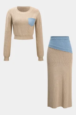 Patchwork Pocket Sweater Long-Sleeve Top