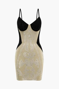 Patchwork Rhinestone Spaghetti Strap Sleeveless Mini Dress
