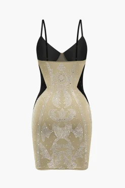 Patchwork Rhinestone Spaghetti Strap Sleeveless Mini Dress