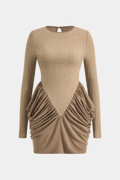 Patchwork Ruched Round Neck Long Sleeve Mini Dress