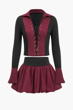 Patchwork Tie Up Top And Puff Skirt Set