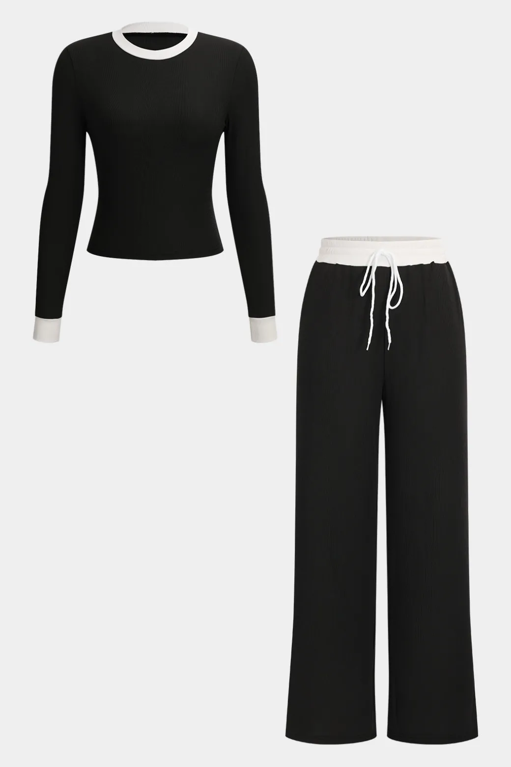 Patchwork Top And Drawstring Straight Trousers Set