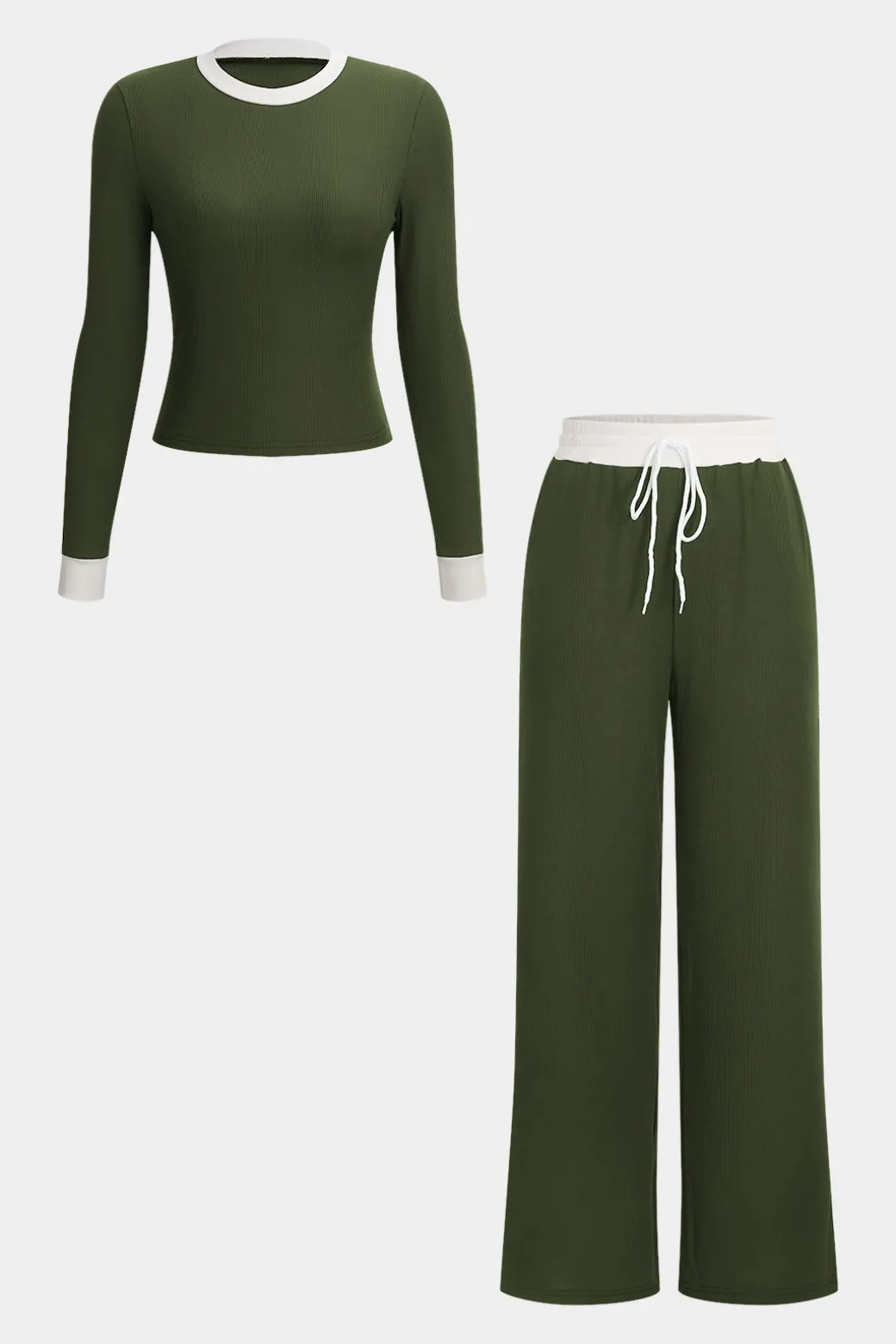 Patchwork Top And Drawstring Straight Trousers Set