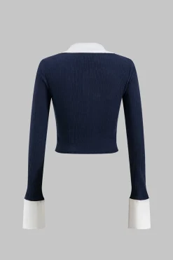 Patchwork V-Neck Long-Sleeve Shirt
