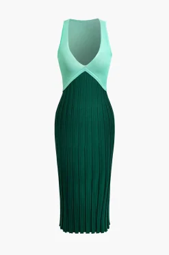 Patchwork V-Neck Tank Knit Midi Dress