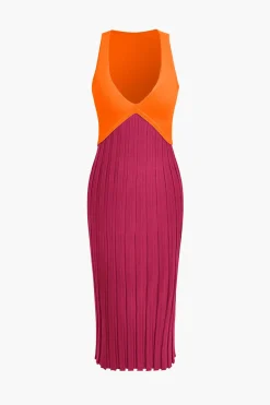Patchwork V-Neck Tank Knit Midi Dress