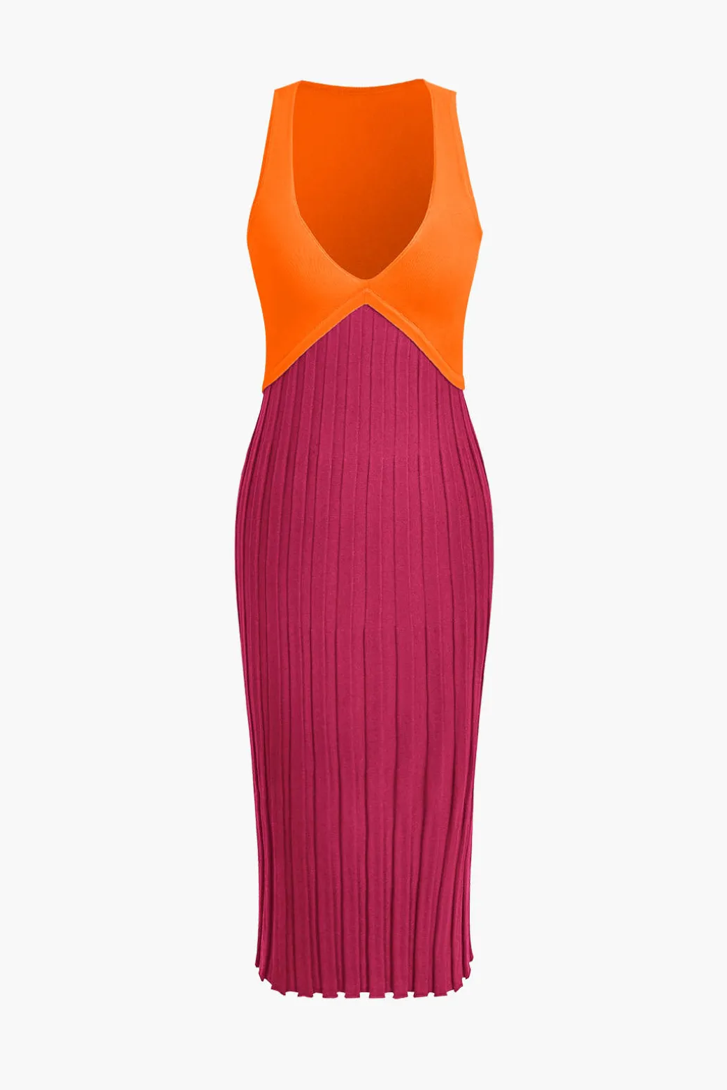 Patchwork V-Neck Tank Knit Midi Dress