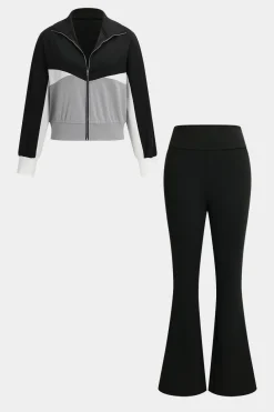Patchwork Zipper Jacket And Flared Leg Trousers Set