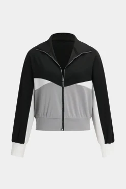 Patchwork Zipper Jacket And Flared Leg Trousers Set