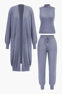 3pc Sweater Pocket Drawstring Pants Set