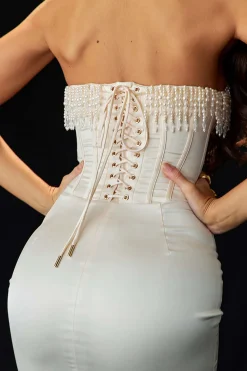 Pearl Braided Eyelet Corset Midi Dress
