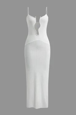 Pearl Detail V-neck Slip Knit Maxi Dress