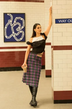 Plaid Cut Out Waist Midi Skirt