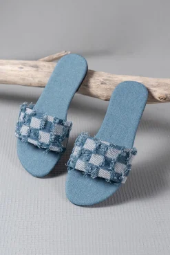 Plaid Frayed Denim Slippers