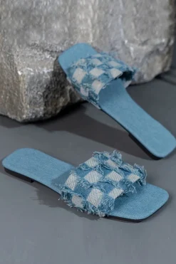 Plaid Frayed Denim Slippers