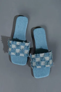 Plaid Frayed Denim Slippers
