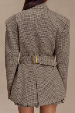 Plaid Print Notched Lapel Button Belted Blazer