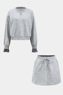 Plaid Print Patchwork Top And Drawstring Skirt Set