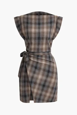 Plaid Print Tie Front Slit Asymmetrical Mini Dress