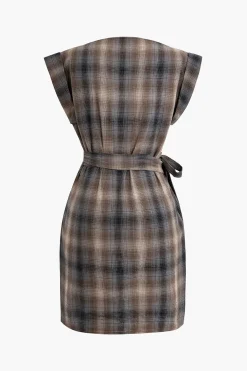 Plaid Print Tie Front Slit Asymmetrical Mini Dress